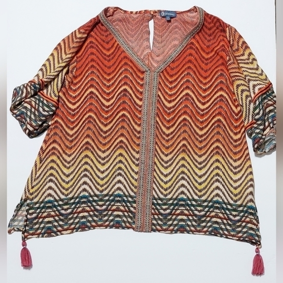 Multi Colored Boho‎ Top by Democracy Size Medium with Fringe Flowy - Picture 2 of 4